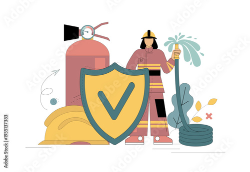 Fire safety concept. Firefighting work. A firefighter holds a shield against a background of a fire extinguisher and helmet.eps