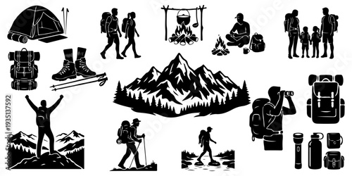 Set of hiking and camping silhouettes, outdoor adventure icons including hikers, mountains, tents, backpacks, campfires, and trekking equipment isolated