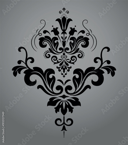 Damask graphic ornament. Floral design element. Black and gray vector pattern