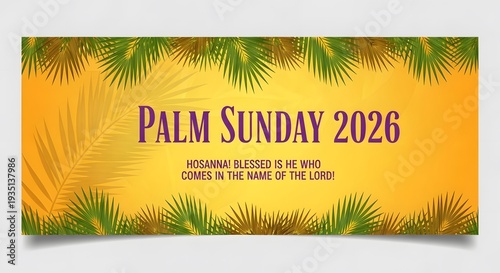 Palm sunday 2026 religious greeting banner with palm leaves