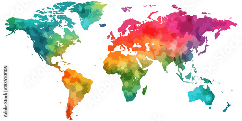 An abstract watercolor world map illustration featuring colorful paint splashes across a global atlas of continents and countries for travel and business design