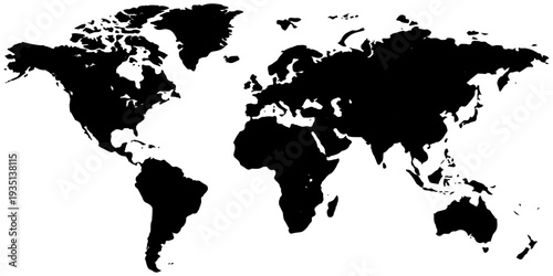 A global vector illustration of the world map on a black background featuring detailed continents and countries from Europe and Asia to North and South America for business travel and geography