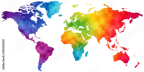 Abstract watercolor background featuring colorful paint splashes forming a global world map illustration with vibrant continents and countries across the planet earth