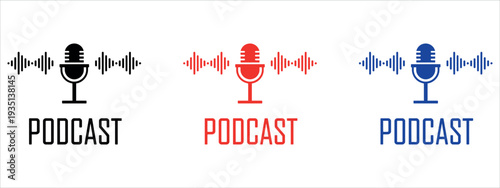 Podcast Logo and Microphone Icon Set with Audio Sound Wave and Radio Broadcasting Symbols Vector Illustration.