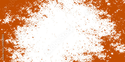 A vibrant orange juice splash on a black background creates a liquid art illustration with a grunge texture, featuring paint splatters and ink drops over an abstract brown backdrop pattern