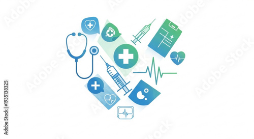Medical symbols and icons forming a heart shape with stethoscope syringe and pills on white background for healthcare concepts