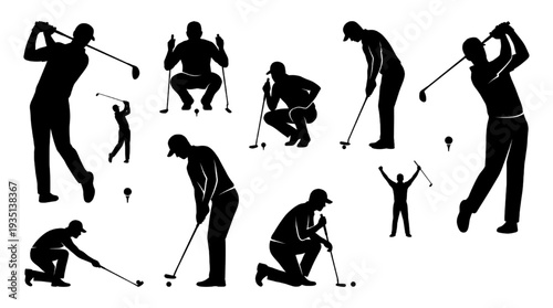 Golf Player Silhouette Vector Set Swing Sport Action Collection