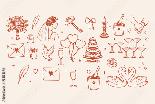 Whimsical wedding romance collection. Vintage hand drawn bouquet, bride, ring, key, cake, balloons, champagne, swan couple and party sketch icons.