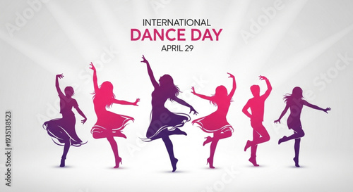 International dance day celebration with colorful dancing silhouettes on white background