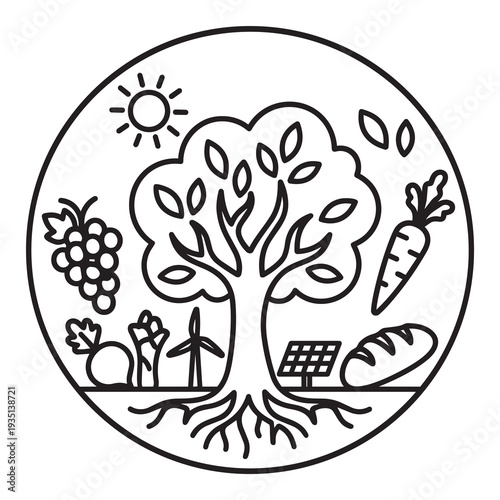 Ilustración de agricultura sostenible y energía renovable.