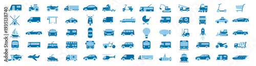 Transport vehicle icon set, car, truck, bus, taxi and delivery automobile silhouettes collection on transparent background