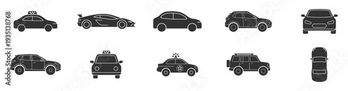 Car vehicle icon set, taxi, sedan, suv and police automobile solid silhouette collection isolated on transparent background