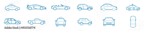 Car vehicle icon set, taxi, sedan, suv, pickup, convertible and police automobile outline symbols isolated on transparent background