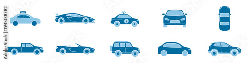 Car vehicle icon set, taxi, sedan, suv, pickup, convertible and police automobile flat color silhouettes isolated on transparent background