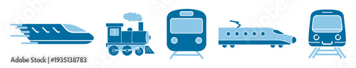 Train railway icon set, locomotive, metro, subway, highspeed bullet train and tram flat color silhouettes isolated on transparent background