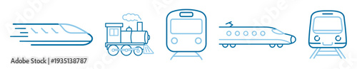 Train railway icon set, locomotive, metro, subway, highspeed bullet train and tram outline symbols isolated on transparent background