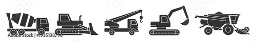 Construction machinery icon collection, excavator, bulldozer, crane, cement mixer and agricultural equipment linear symbols isolated on transparent background
