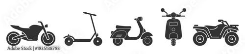 Motorcycle and scooter icon set, bike, moped, kick scooter and atv outline symbols isolated on transparent background