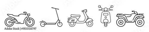 Motorcycle and scooter icon set, bike, moped, kick scooter and atv outline symbols isolated on transparent background