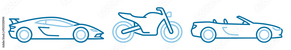 © Polyak Tata - Sports car, motorcycle and convertible automobile outline stroke icons, vehicle vector set isolated on transparent background