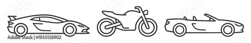 Sports car, motorcycle and convertible car icon set, outline and silhouette vector collection isolated on transparent background