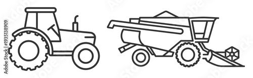 Agriculture machinery icons, tractor and combine harvester outline and solid glyph vector set isolated on transparent background