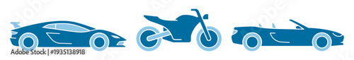 Car and motorcycle icons, sports coupe and convertible automobile editable stroke vector collection isolated on transparent background