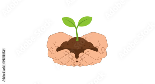 Human hands gently holding vibrant green plant seedling with fertile soil, symbolizing growth and environmental care