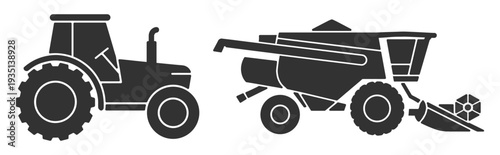 Farm machinery icons, tractor and combine harvester silhouette and outline vector collection isolated on transparent background
