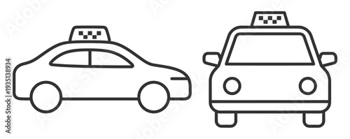 Taxi car icon set, front and side view automobile outline vector isolated on transparent background