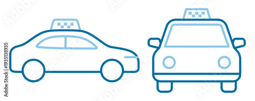 Taxi car icon set, urban cab automobile front and side view outline stroke vector isolated on transparent background
