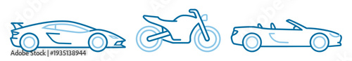 Sports car, motorcycle and convertible automobile outline stroke icons, vehicle vector set isolated on transparent background