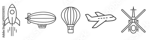 Aviation transport icon set, rocket airplane helicopter airship and hot air balloon outline editable stroke vector isolated on transparent background