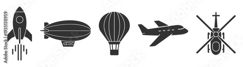 Aircraft and space transport icons, rocket airplane helicopter airship and balloon outline vector collection isolated on transparent background