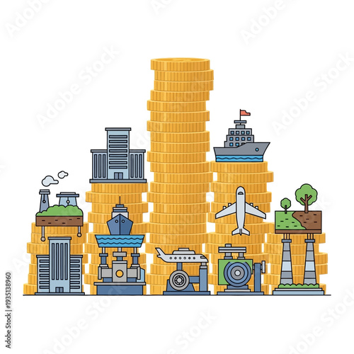 Stacks of gold coins with industrial and transportation icons
