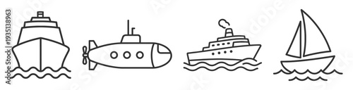 Marine transport icon set, ship submarine yacht and sailboat outline editable stroke vector isolated on transparent background