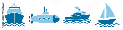 Marine vessels icon set, ship submarine yacht and sailboat outline vector isolated on transparent background