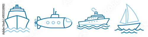 Ship and boat icons, submarine cruise yacht and sailboat editable stroke marine vector collection isolated on transparent background