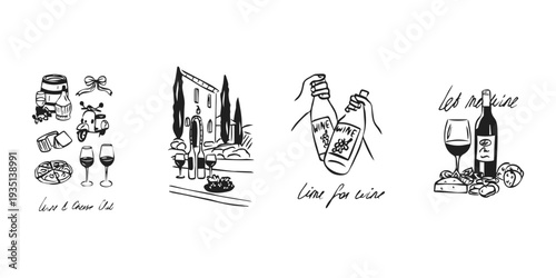 Retro hand drawn wine tasting posters collection