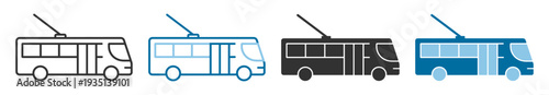 Electric trolleybus icon set, urban public transport vehicle with overhead wire outline and solid glyph vector isolated on transparent background