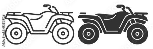 All terrain vehicle quad bike icon set in outline and solid styles isolated on transparent background