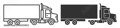 Cargo delivery truck lorry with box trailer in outline and solid styles isolated on transparent background