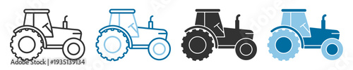 Farm tractor agricultural vehicle icon set in outline and solid styles isolated on transparent background
