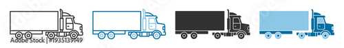 Cargo delivery truck lorry with box trailer in outline and solid styles isolated on transparent background