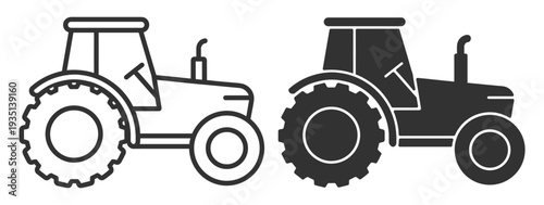 Farm tractor agricultural vehicle icon set in outline and solid styles isolated on transparent background