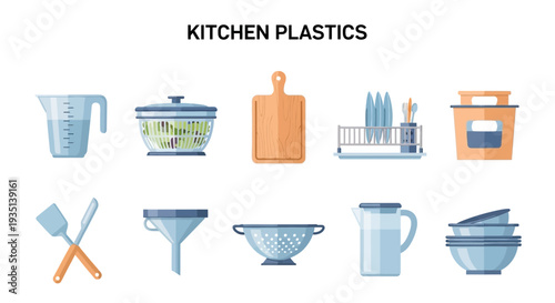 Collection of kitchen plastic utensils and containers depicted in a flat illustration style
