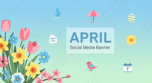 Colorful april social media banner with flowers bird umbrella and calendar on gradient background