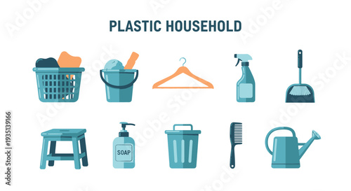 Ten plastic household items arranged in two rows against a white background