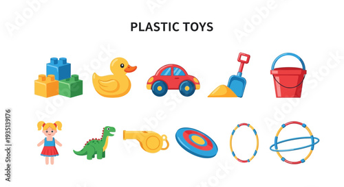 Illustration of various plastic toys including blocks a duck car beach tools doll dinosaur whistle frisbee and hoops