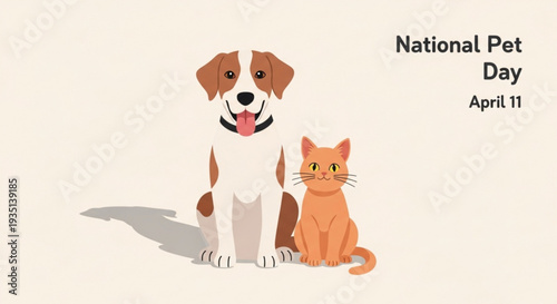 Friendly dog and cat sitting together on national pet day april 11th celebration